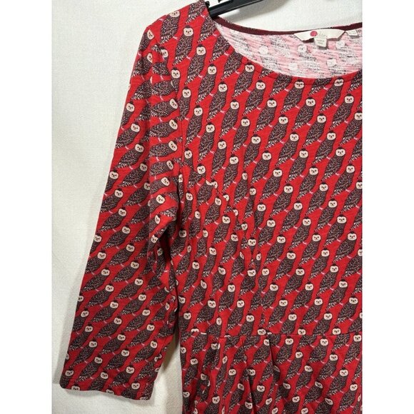 BODEN Regal Owl Penny Jersey Red 100% Cotton Dress Size 10P Animal Print Pockets - Picture 2 of 10